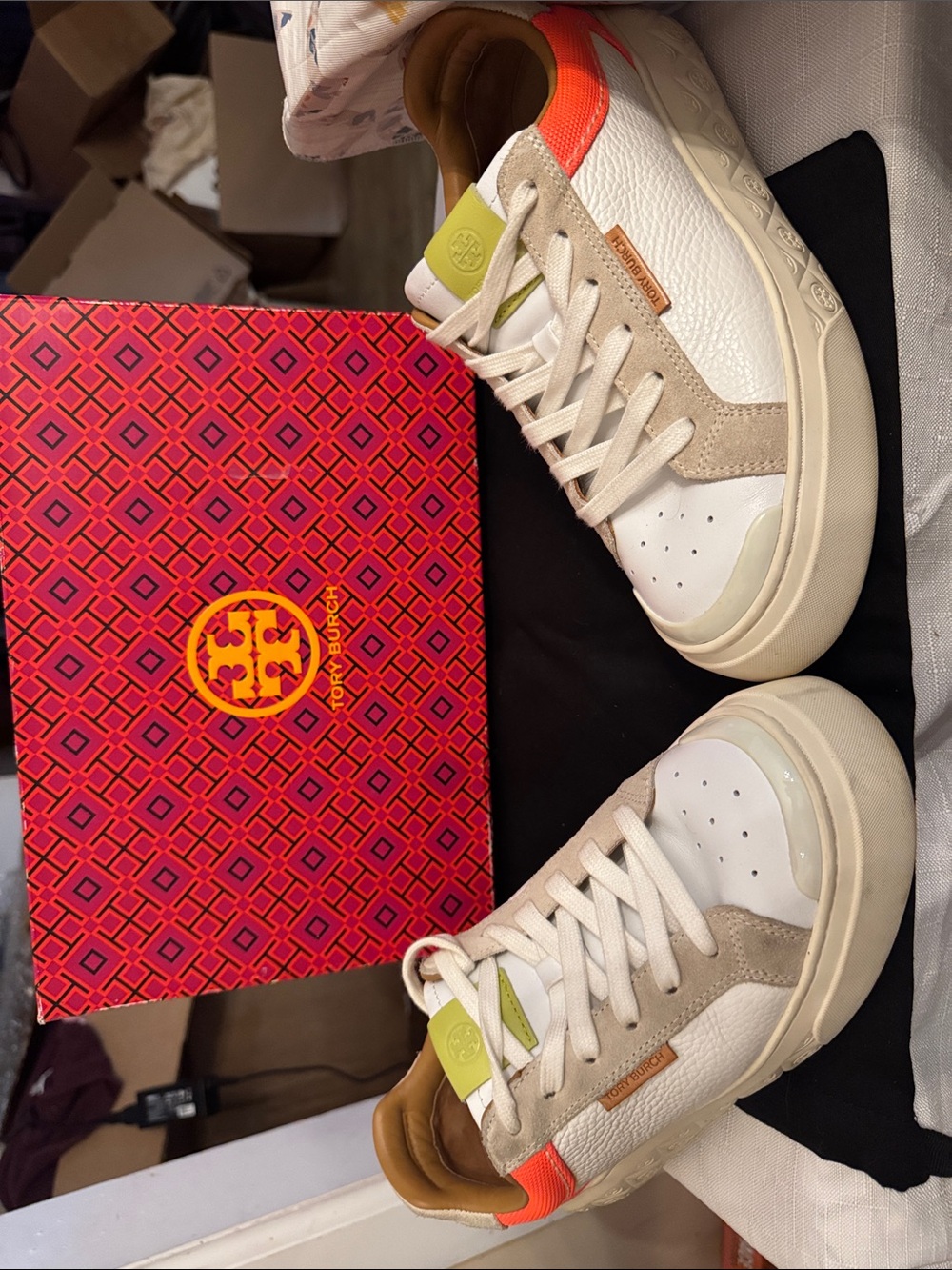 Tory Burch White Sneakers with Orange & Lime Accents #designer #toryburch